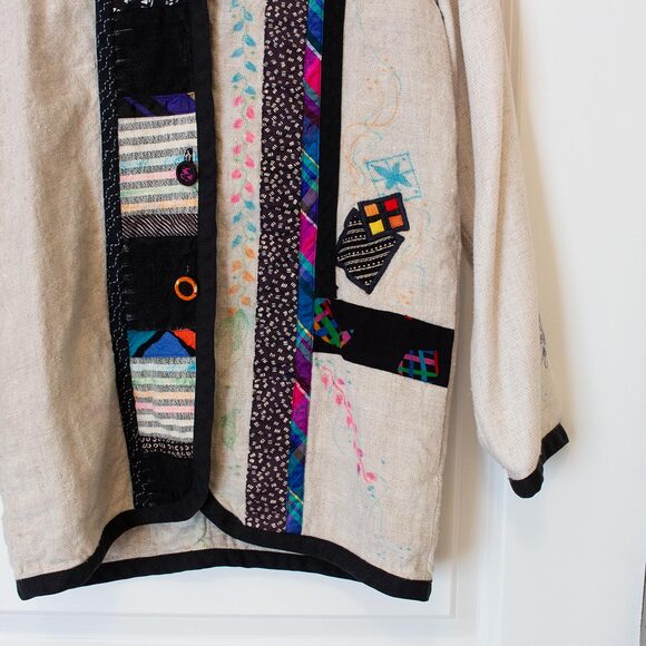 Linen Blend S VTG Lagenlook Lynn Murray Patchwork Pattern Art Boho Blazer FLAW - Picture 11 of 15